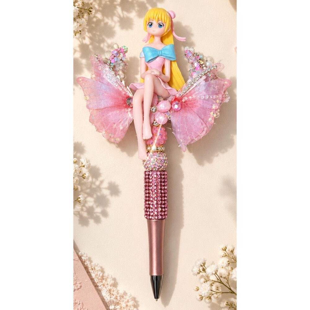 Handmade Pink Anime Butterfly Doll Pen, Rhinestone Beaded Pen